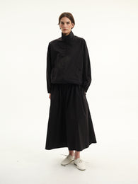Black Elastic-Waist Midi Skirt