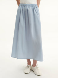 Blue Elastic-Waist Midi Skirt