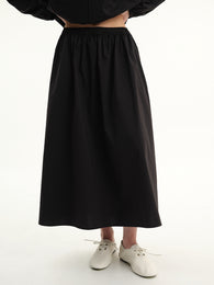 Black Elastic-Waist Midi Skirt