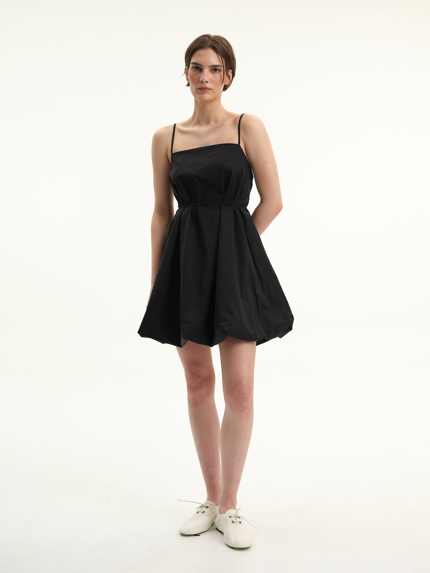 voluminous short dress Satin strappy mini dress with voluminous flowers on the skirt :: LICHI