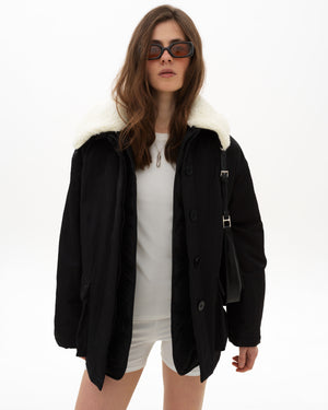 Oversized workwear black jacket with a detachable collar