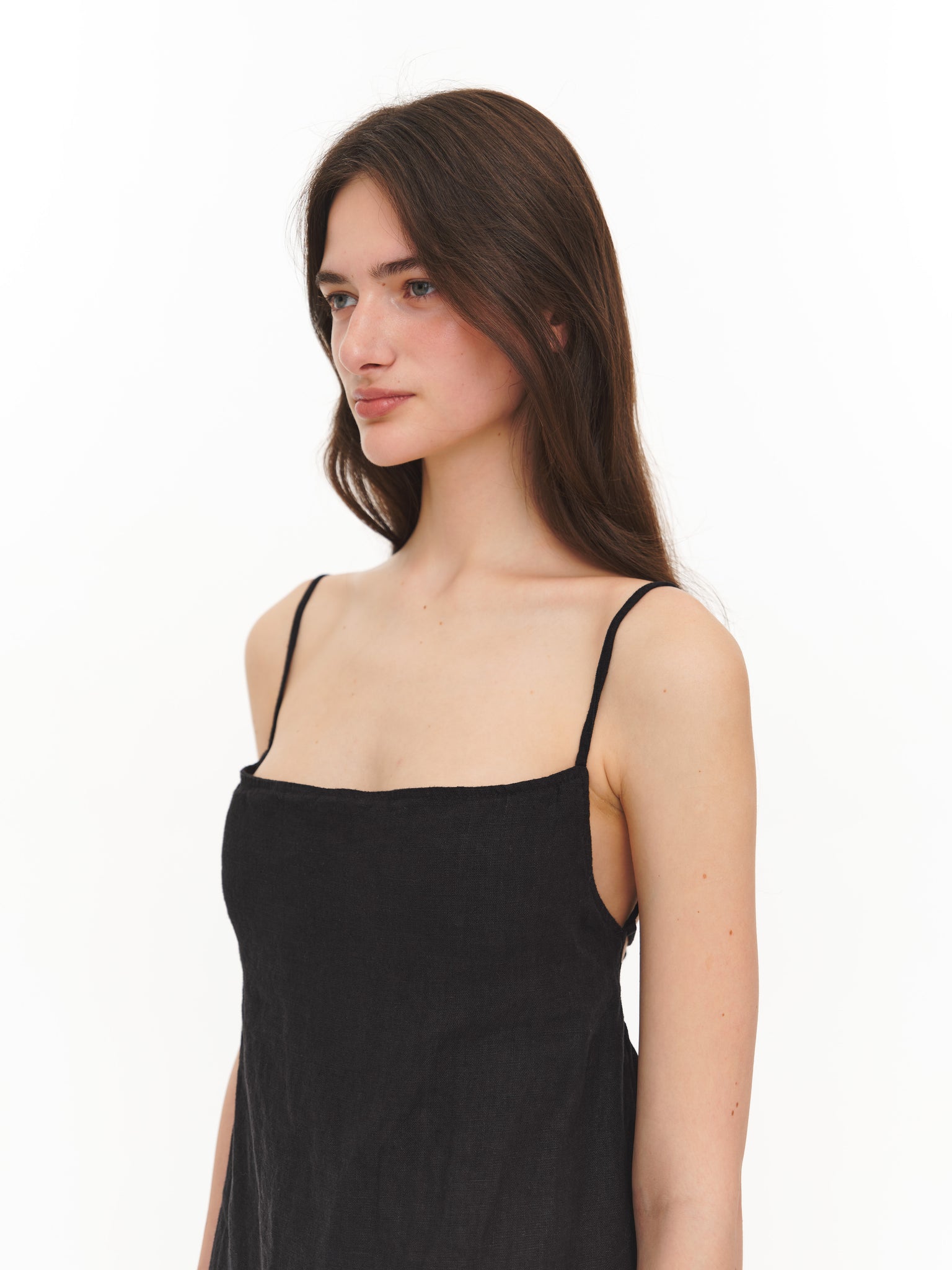 Black linen dress with thin straps